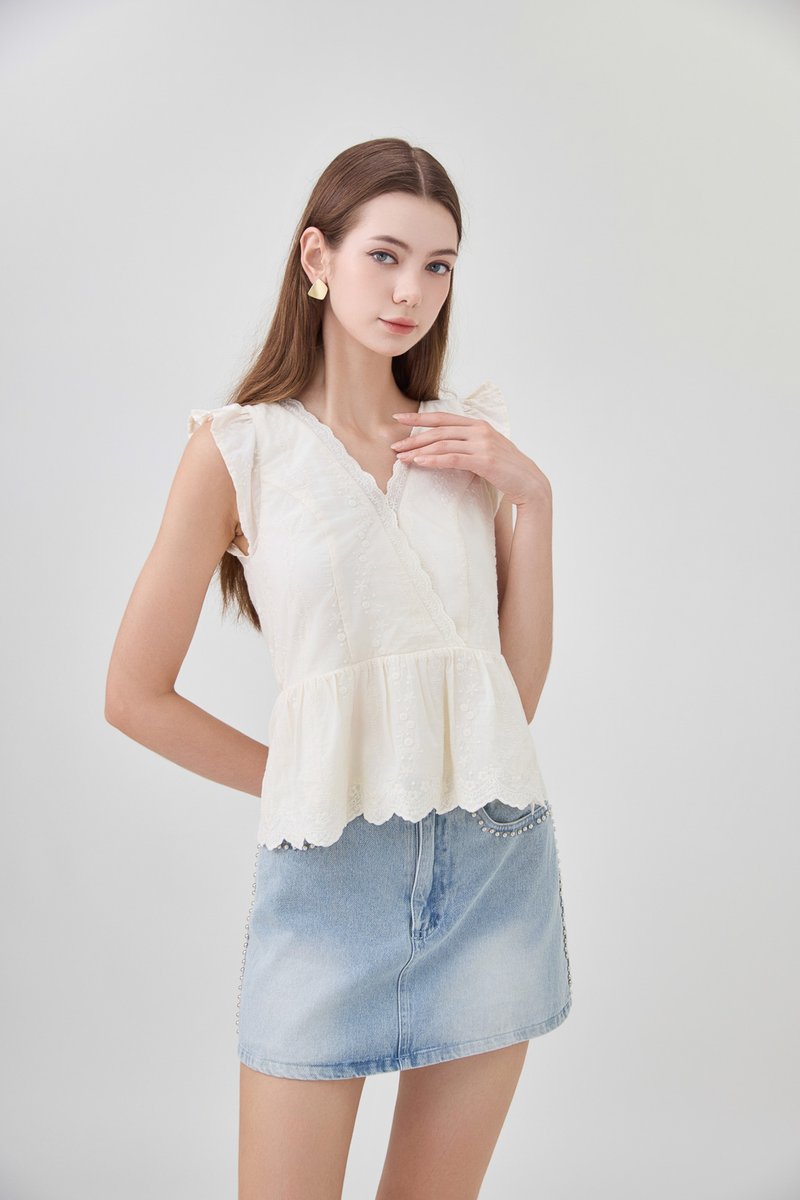 Yarael Embroidery Faux Wrap Top In Cream