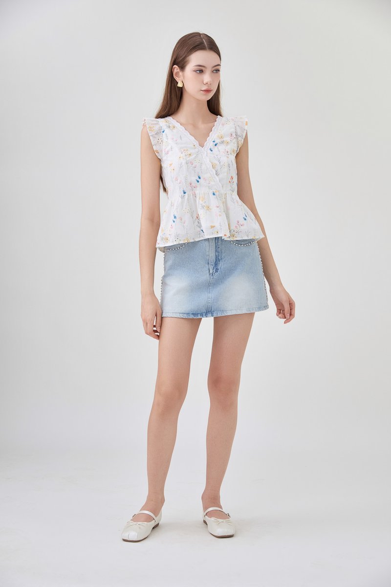 Yarael Embroidery Faux Wrap Top In Floral