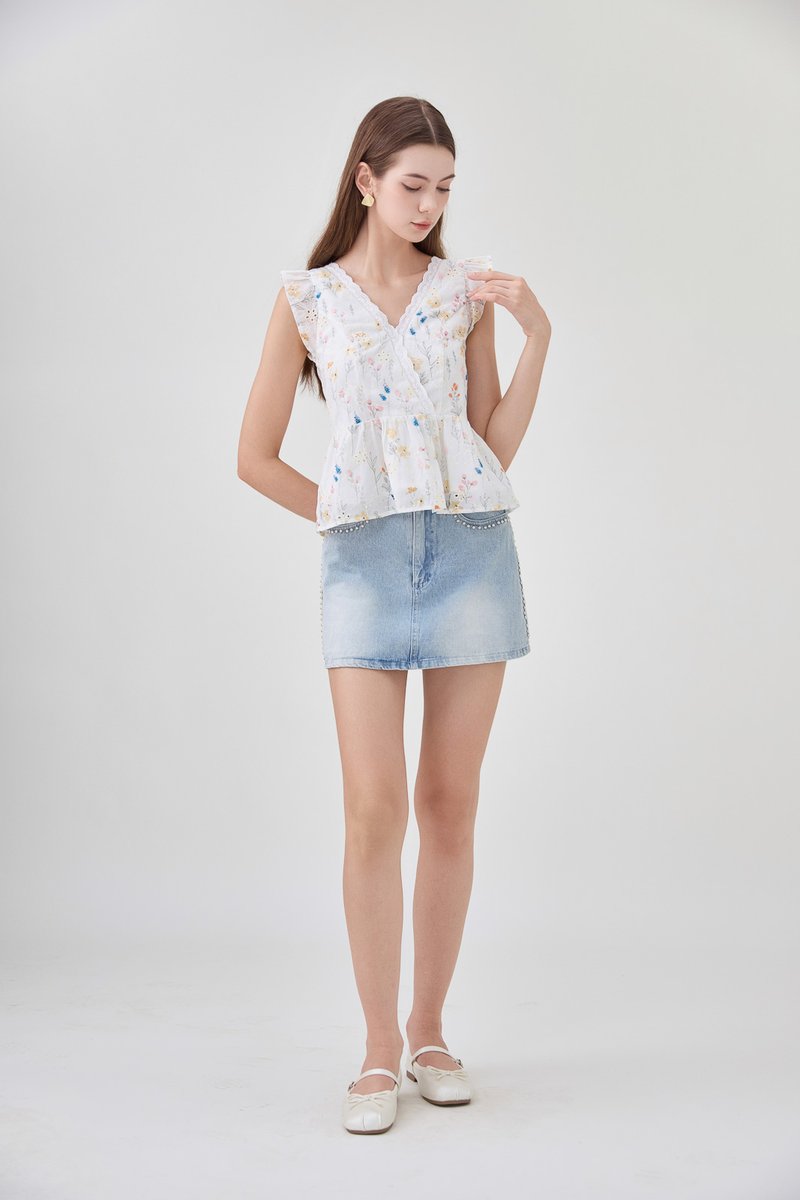 Yarael Embroidery Faux Wrap Top In Floral