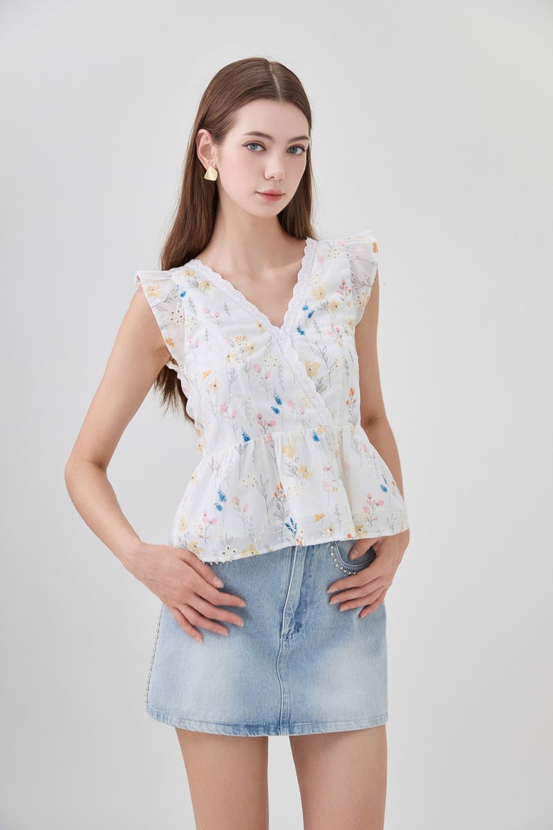 Yarael Embroidery Faux Wrap Top In Floral