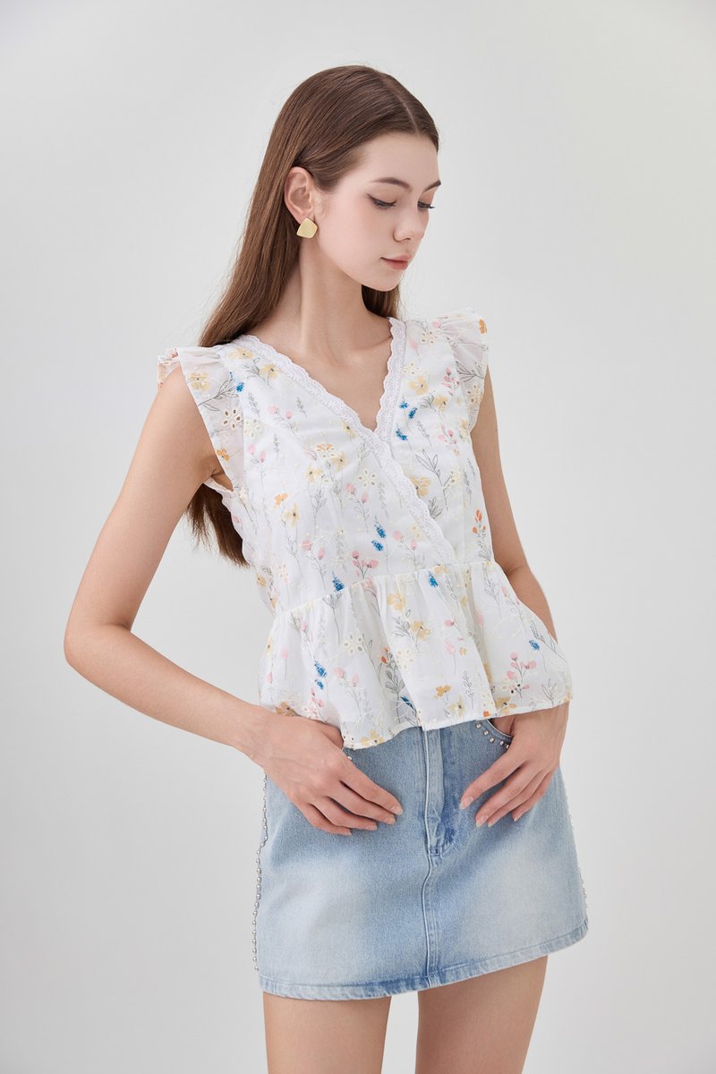 Yarael Embroidery Faux Wrap Top In Floral