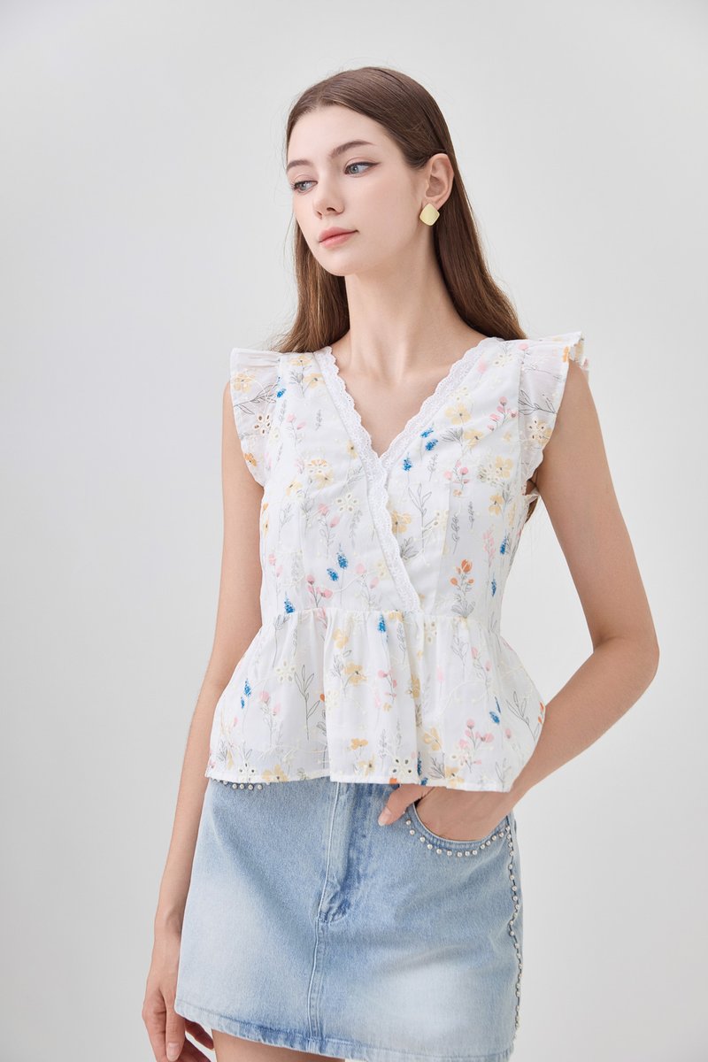 Yarael Embroidery Faux Wrap Top In Floral