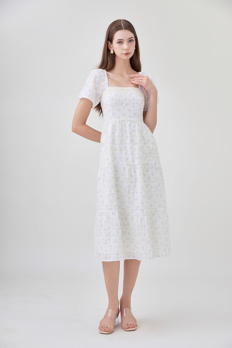 Rosetta Embroidery Crochet Tier Midi Dress In Ditsy Floral