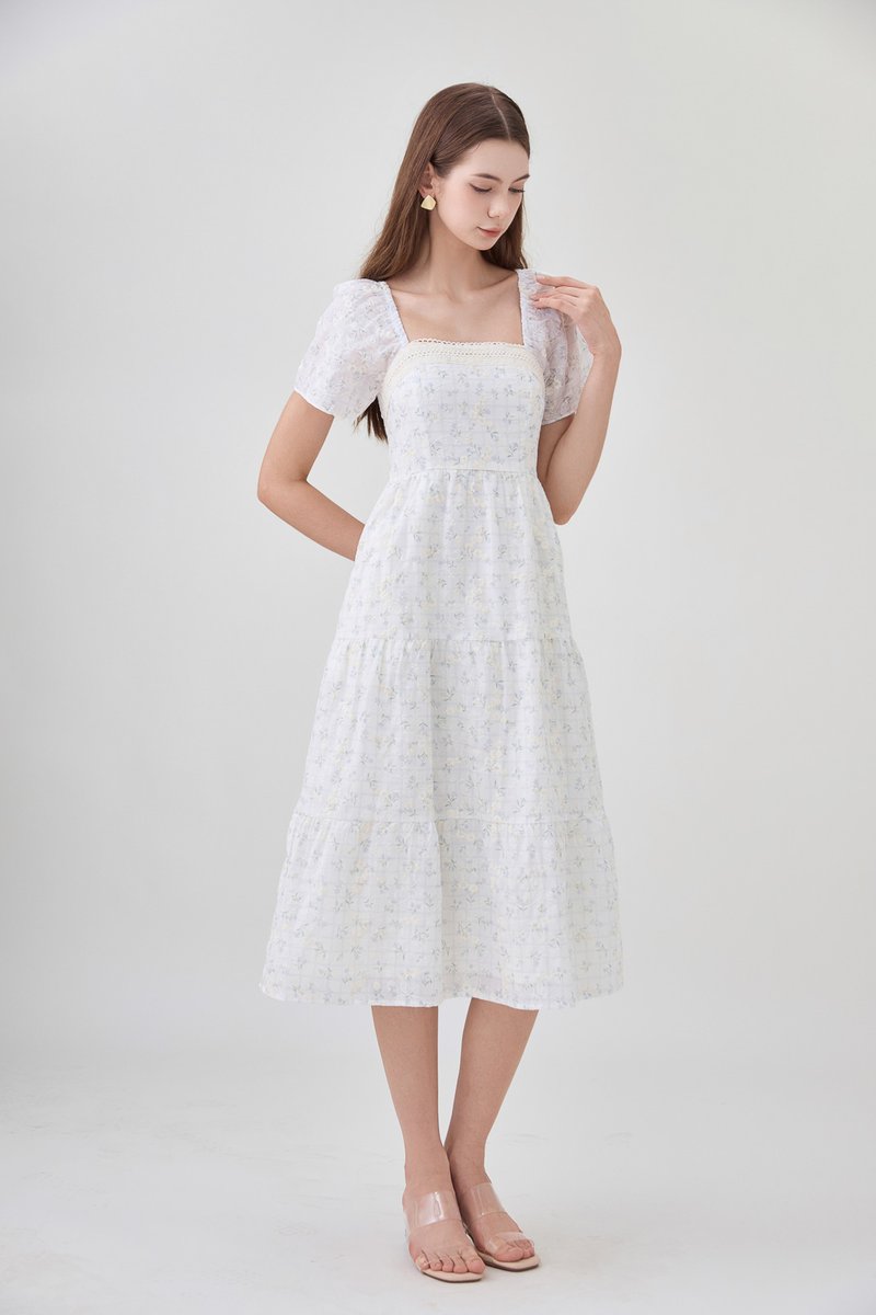 Rosetta Embroidery Crochet Tier Midi Dress In Ditsy Floral