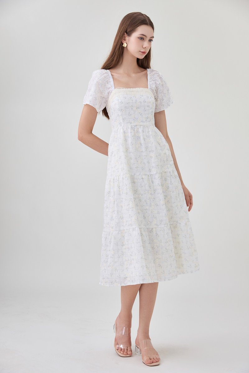 Rosetta Embroidery Crochet Tier Midi Dress In Ditsy Floral