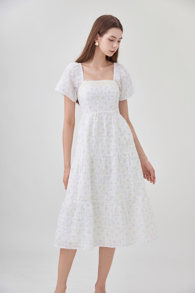 Rosetta Embroidery Crochet Tier Midi Dress In Ditsy Floral