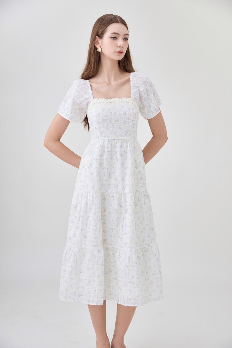 Rosetta Embroidery Crochet Tier Midi Dress In Ditsy Floral