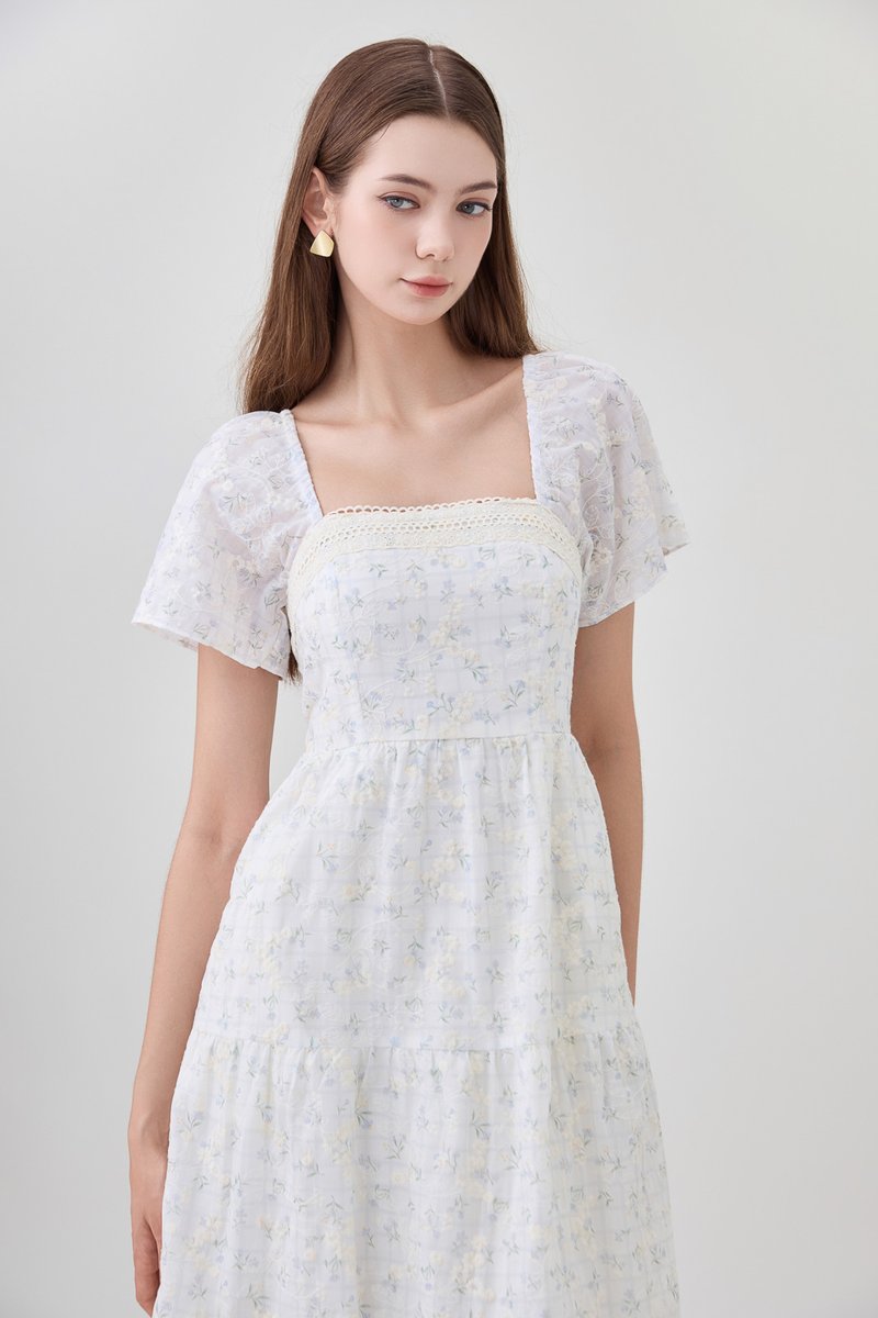 Rosetta Embroidery Crochet Tier Midi Dress In Ditsy Floral