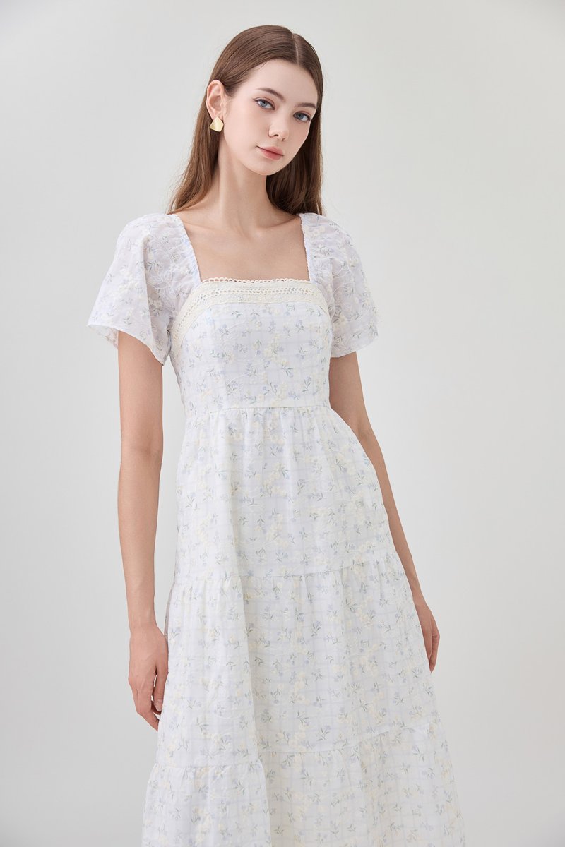 Rosetta Embroidery Crochet Tier Midi Dress In Ditsy Floral