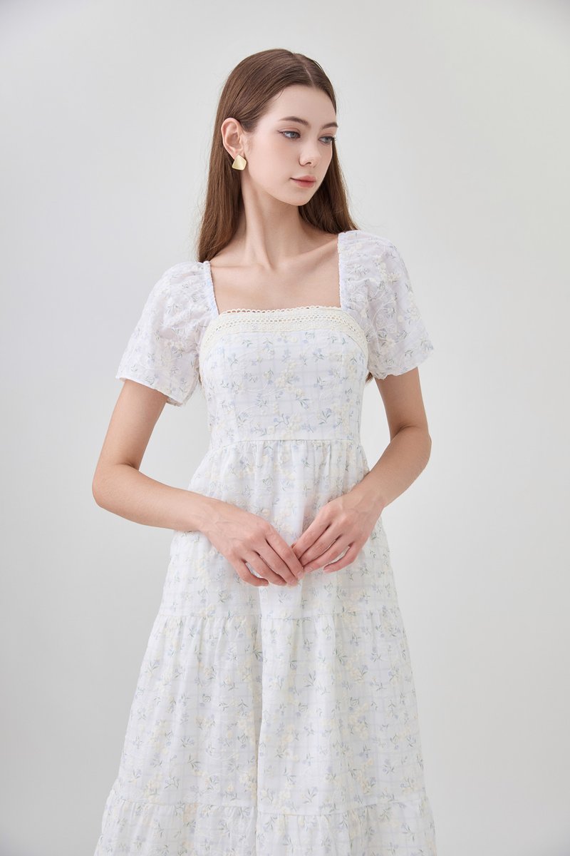 Rosetta Embroidery Crochet Tier Midi Dress In Ditsy Floral