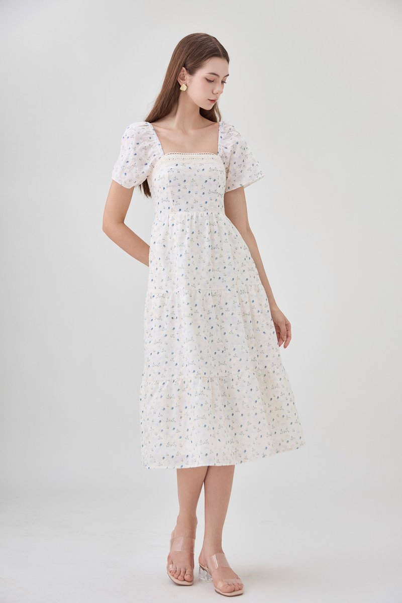 Rosetta Embroidery Crochet Tier Midi Dress In Blue Wildflower