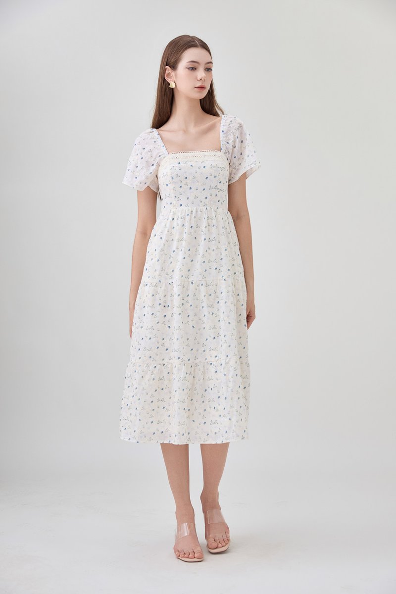 Rosetta Embroidery Crochet Tier Midi Dress In Blue Wildflower