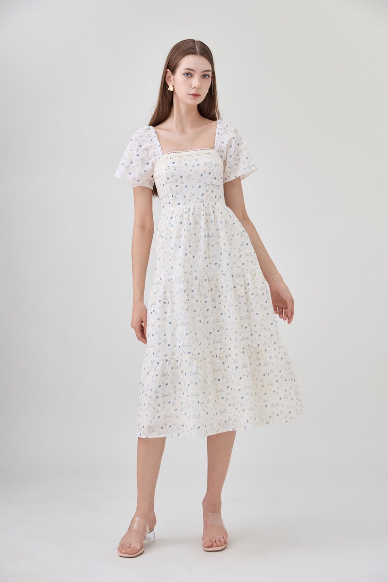Rosetta Embroidery Crochet Tier Midi Dress In Blue Wildflower