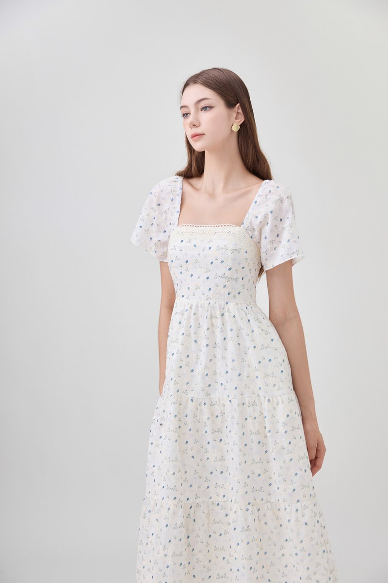 Rosetta Embroidery Crochet Tier Midi Dress In Blue Wildflower