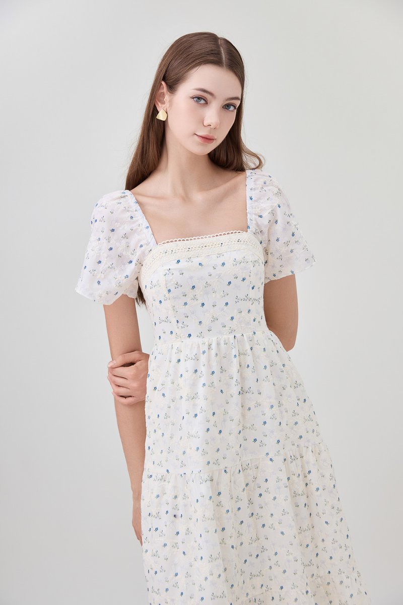 Rosetta Embroidery Crochet Tier Midi Dress In Blue Wildflower