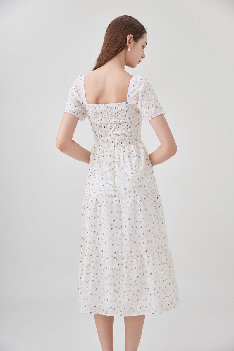 Rosetta Embroidery Crochet Tier Midi Dress In Blue Wildflower