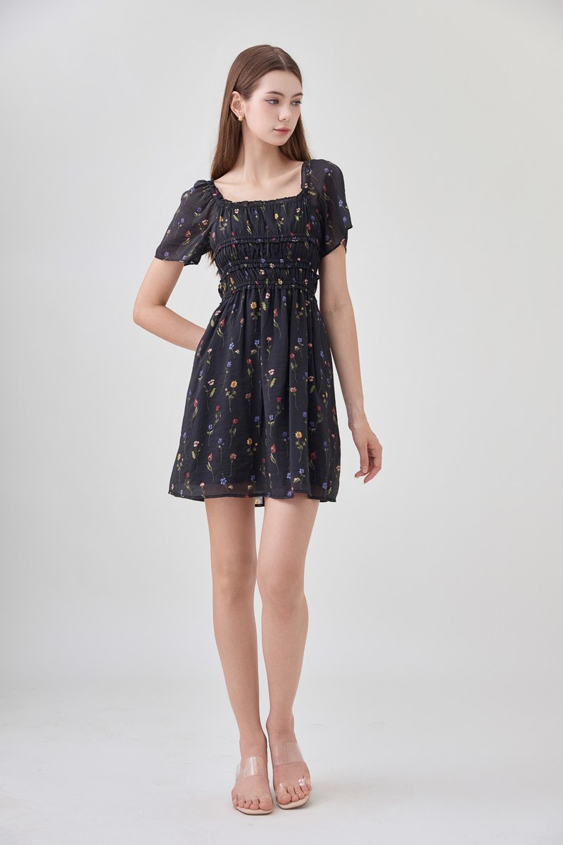 Kiraz Shirred Ruffle Dress In Black