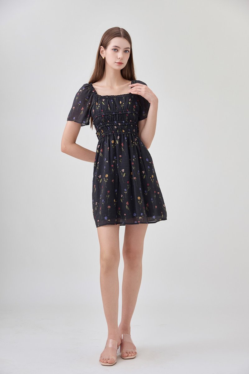 Kiraz Shirred Ruffle Dress In Black