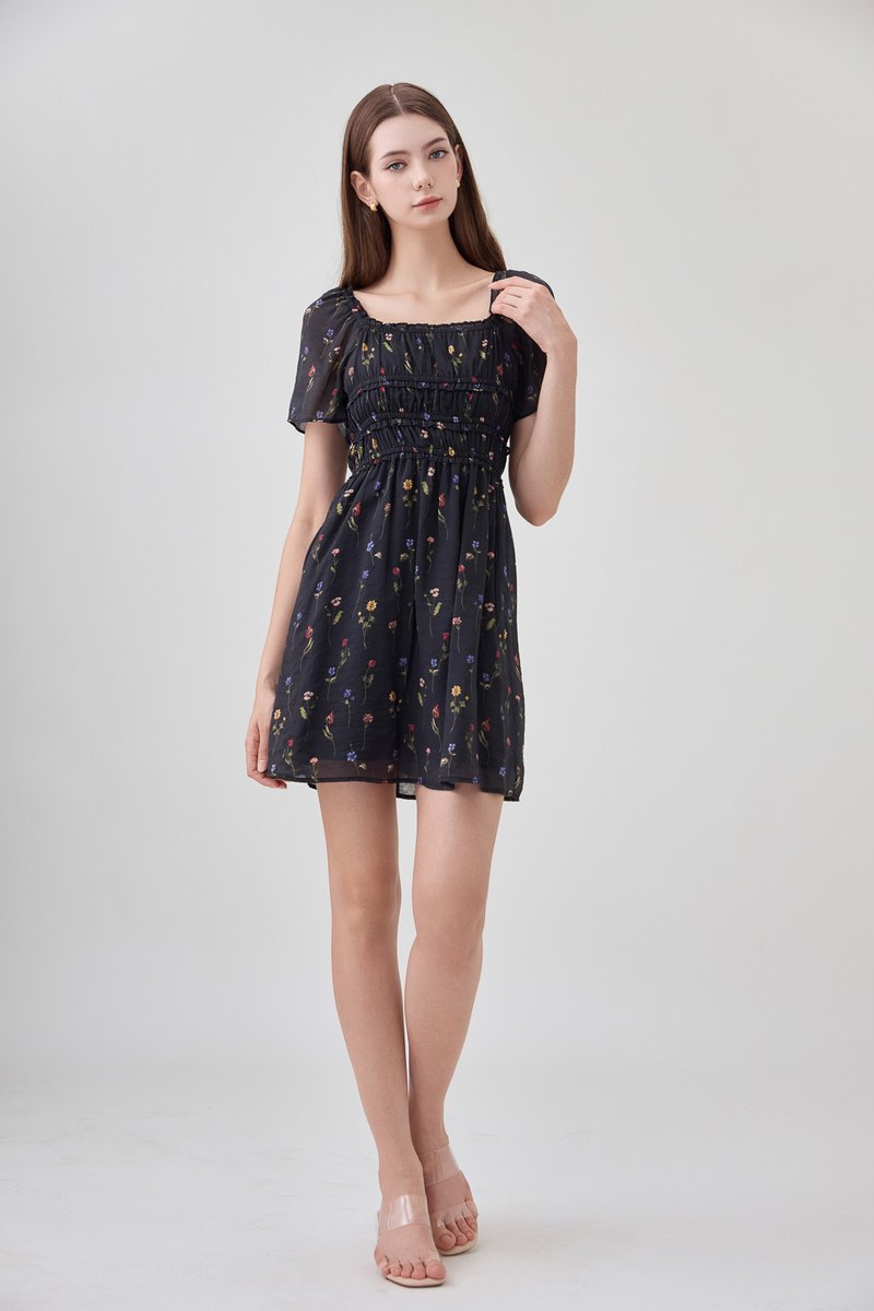 Kiraz Shirred Ruffle Dress In Black