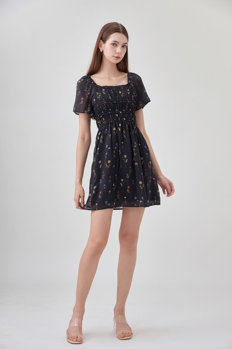 Kiraz Shirred Ruffle Dress In Black