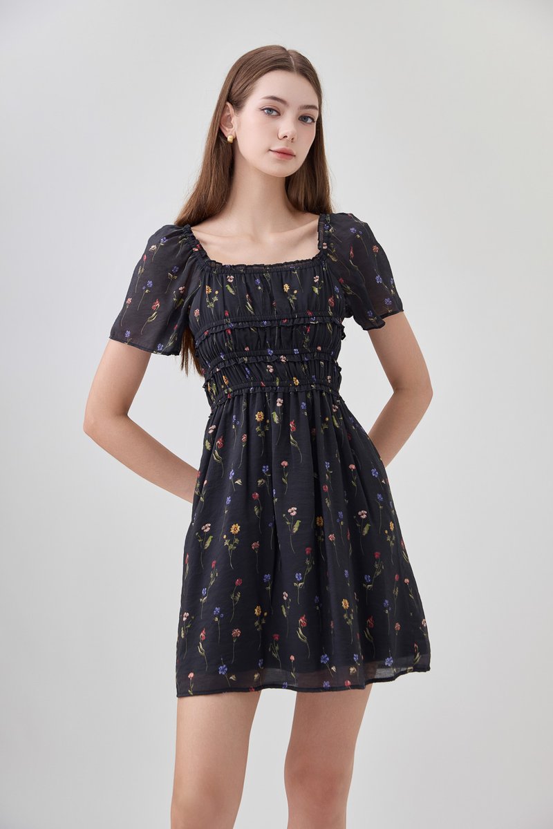 Kiraz Shirred Ruffle Dress In Black