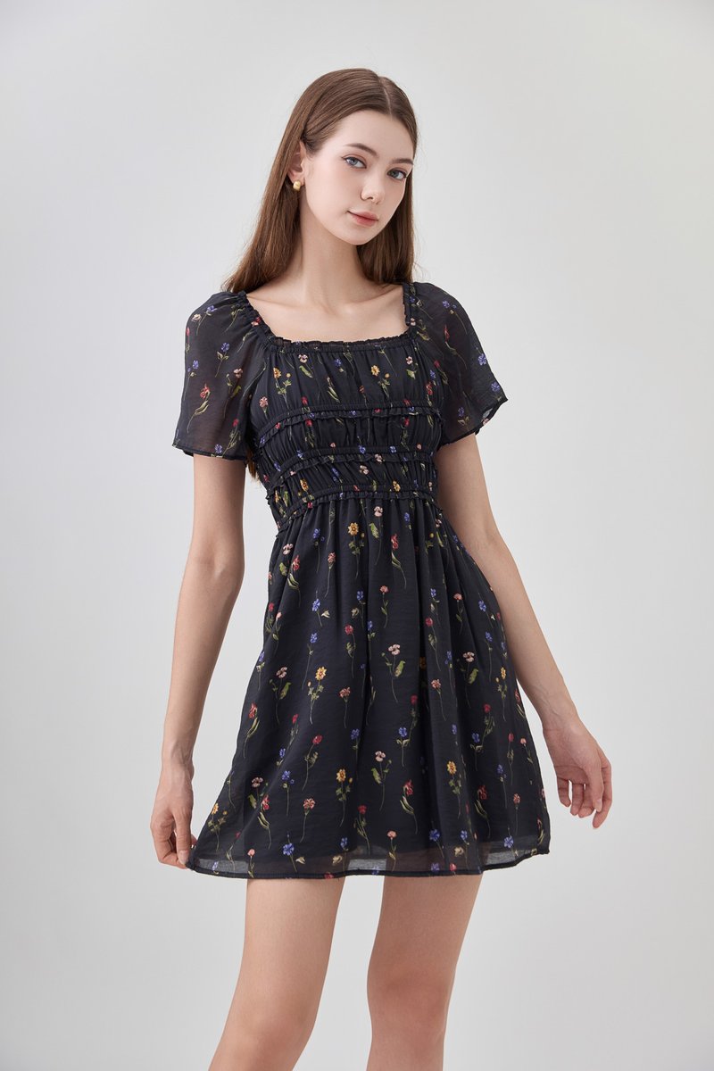 Kiraz Shirred Ruffle Dress In Black
