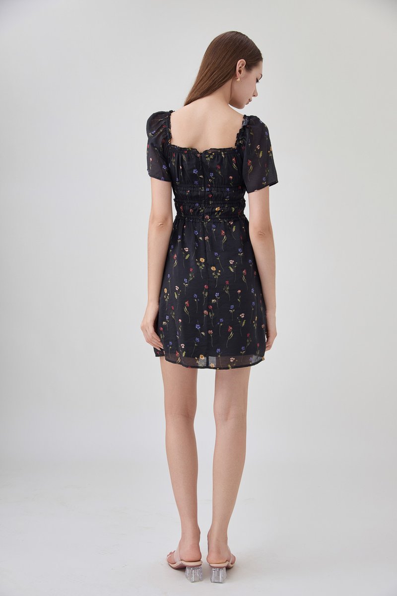 Kiraz Shirred Ruffle Dress In Black