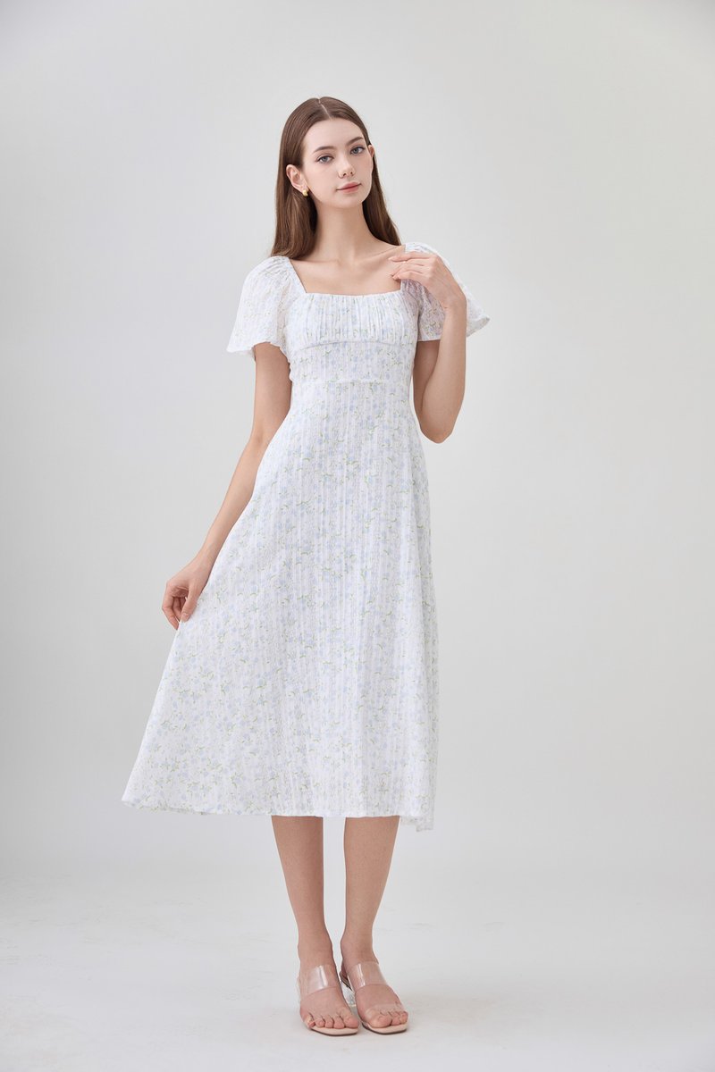 Paz Embroidery Ruched Midi Dress