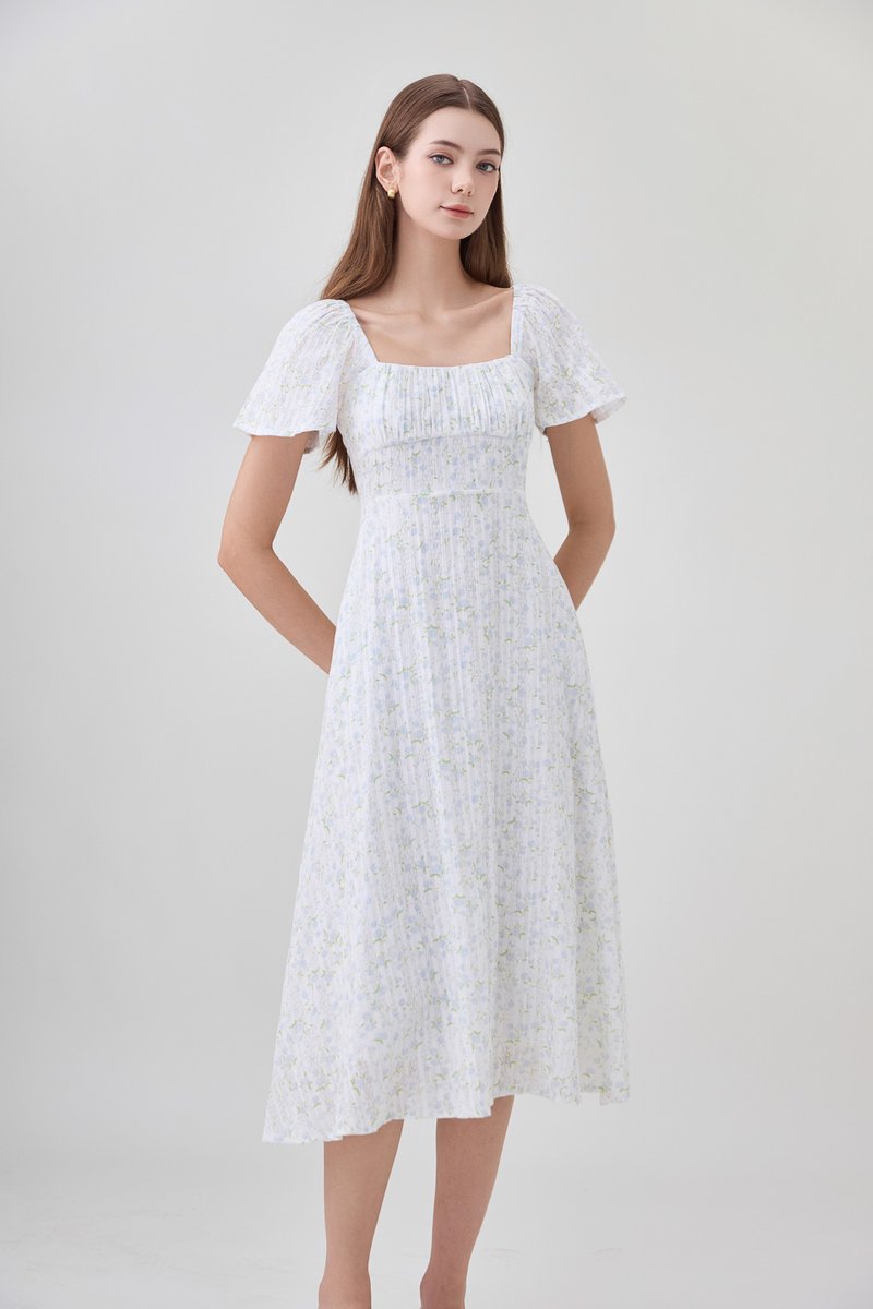 Paz Embroidery Ruched Midi Dress