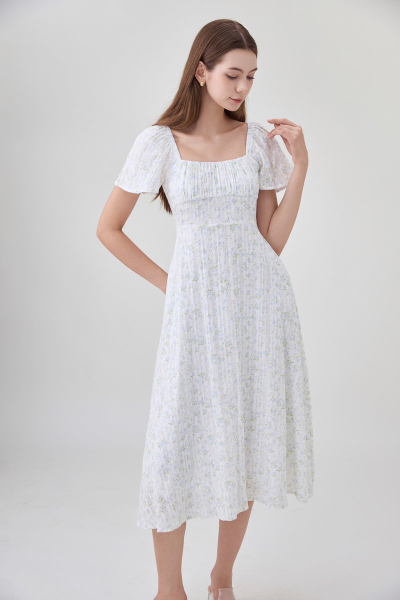 Paz Embroidery Ruched Midi Dress