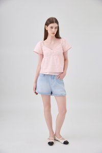 Germaine Eyelet Bow Gingham Top In Pink
