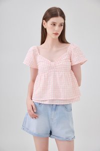 Germaine Eyelet Bow Gingham Top In Pink