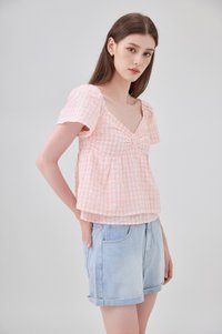 Germaine Eyelet Bow Gingham Top In Pink