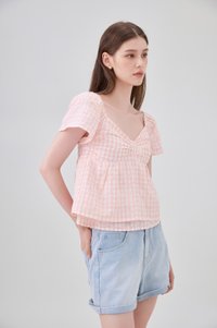 Germaine Eyelet Bow Gingham Top In Pink
