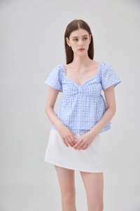 Germaine Eyelet Bow Gingham Top In Blue