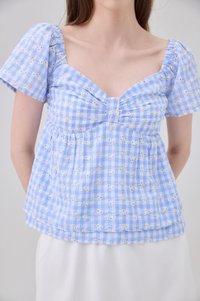 Germaine Eyelet Bow Gingham Top In Blue