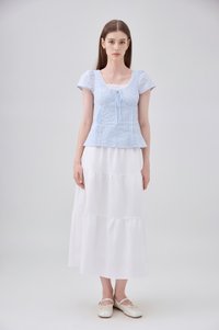 Coletta Eyelet Pintuck Ribbon Top In Blue