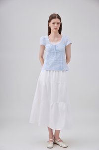 Coletta Eyelet Pintuck Ribbon Top In Blue