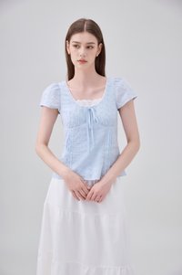 Coletta Eyelet Pintuck Ribbon Top In Blue