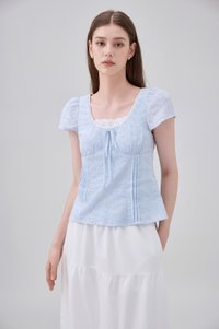 Coletta Eyelet Pintuck Ribbon Top In Blue