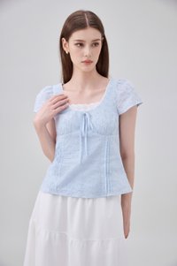Coletta Eyelet Pintuck Ribbon Top In Blue
