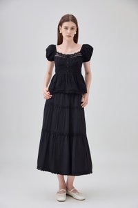 Annika Crochet Lace Tiered Midi Skirt In Black