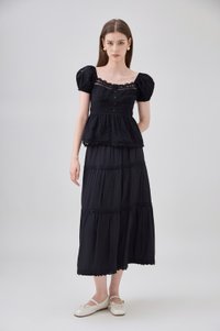 Annika Crochet Lace Tiered Midi Skirt In Black