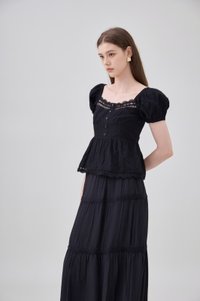 Annika Crochet Lace Tiered Midi Skirt In Black
