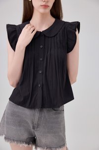 Mariella Textured Peterpan Double Flutter Top In Black