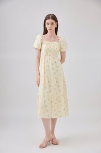 Lakelynn Pintuck Tiered Midi Dress In Pastel Yellow