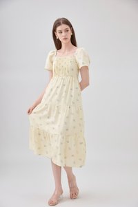 Lakelynn Pintuck Tiered Midi Dress In Pastel Yellow