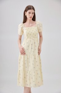 Lakelynn Pintuck Tiered Midi Dress In Pastel Yellow