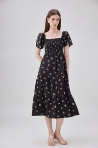 Lakelynn Pintuck Tiered Midi Dress In Black