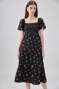 Lakelynn Pintuck Tiered Midi Dress In Black